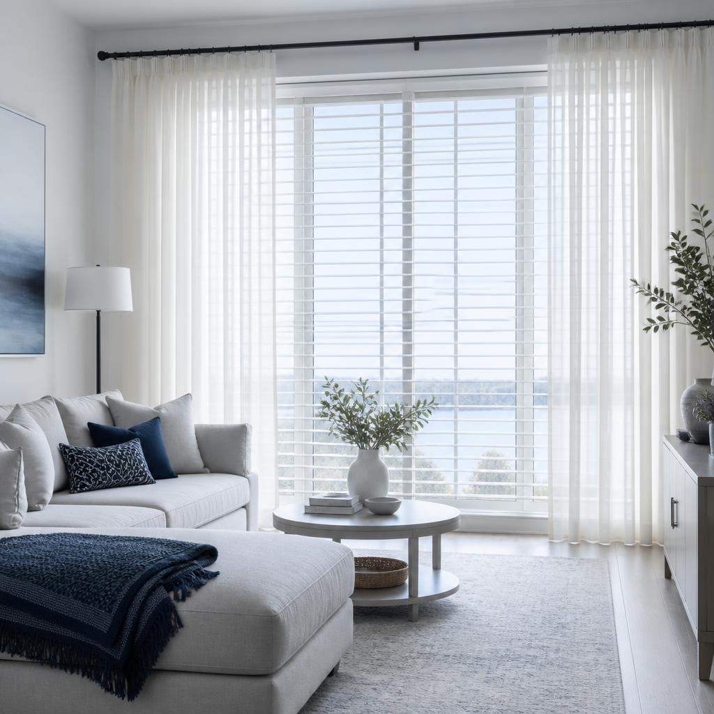 Higienização profissional de persianas e cortinas em uma sala moderna